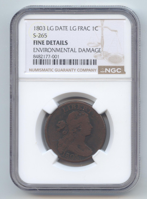 1803 Draped Bust Large Cent, Scarce Large Date, Large Fraction, NGC Fine Details