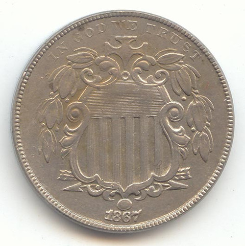 1867 No Rays Shield Nickel, XF Details