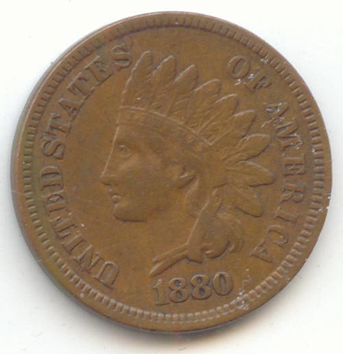 1880 Indian Head Cent, Smooth Brown VF-XF