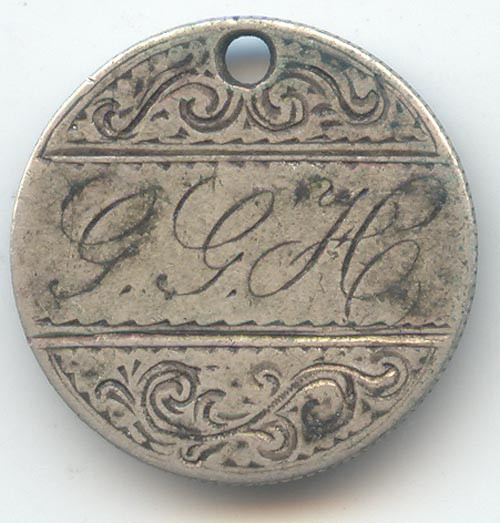 Love Token, 1891 Seated Liberty Dime, Initials G G H, GGH