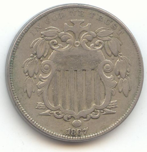1867 Shield Nickel, No Rays, Original XF