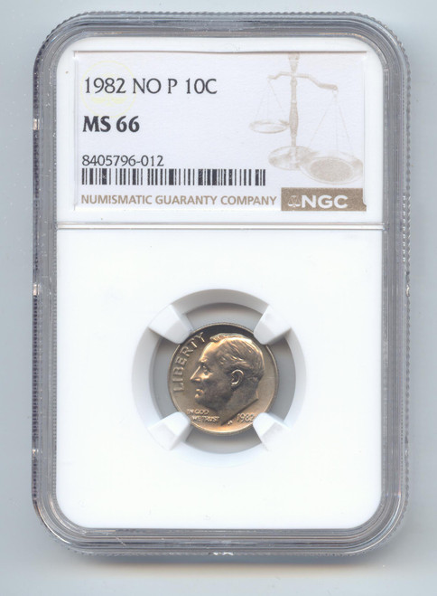 1982 No P Roosevelt Dime Error, NGC MS-66, Gem Uncirculated, Strong Rims