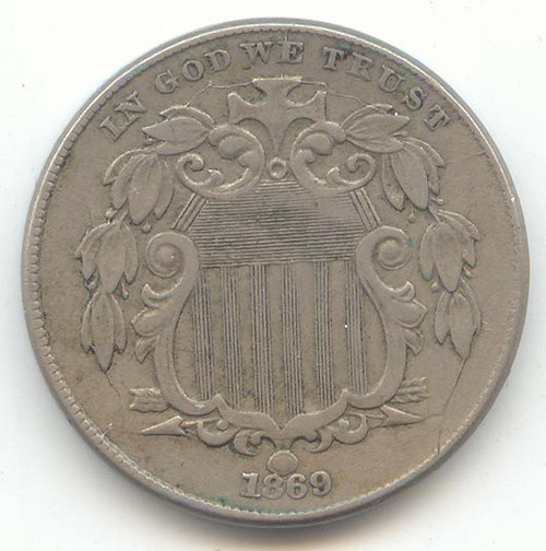 1869 Shield Nickel, XF, Obverse Die Cracks