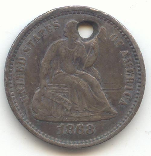 1868 Seated Liberty Half Dime, XF or Better Details, Hole