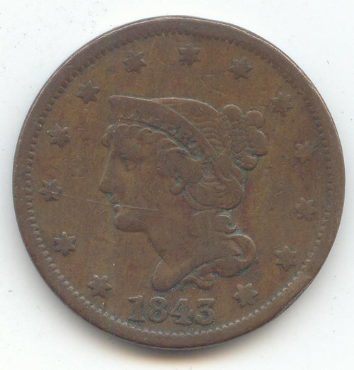 1843 Petite Head Small Letters Braided Hair Large Cent, Fine Details