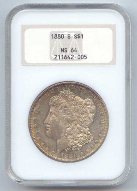 1880-S Morgan Silver Dollar, Old Fat NGC Slab, MS-64