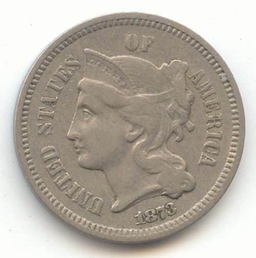 1873 Open 3, Three Cent Nickel, 3c, VF