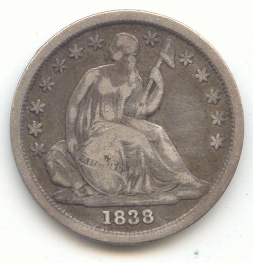 1838 Seated Liberty Dime, Large Stars, VF Details