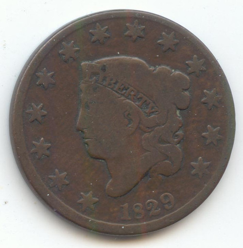 1829 Coronet Head Large Cent, Smooth Brown G-VG