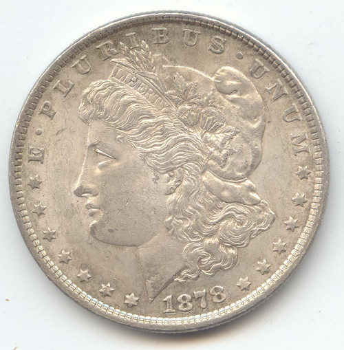 1878 Morgan Silver Dollar,7TF, Reverse of 1879, 7 Tail Feathers, Original AU-Unc