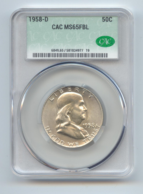1958-D Franklin Half Dollar, CAC MS-65 FBL, Full Bell Lines
