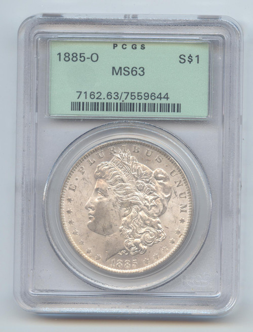 1885-O Morgan Silver Dollar, Old Green PCGS Slab, MS-63, OGH