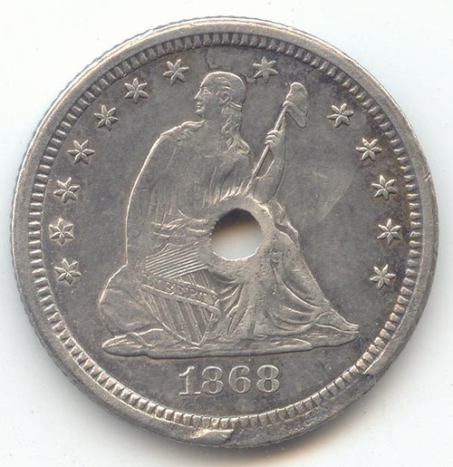1868-S Seated Liberty Quarter, Scarce S Mint, VF-XF Details, Hole