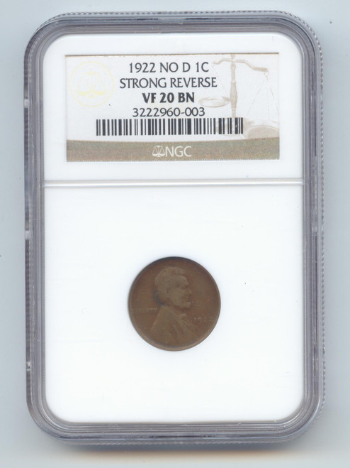 1922 Plain Lincoln Wheat Cent, Strong Reverse, NGC VF-20 BN