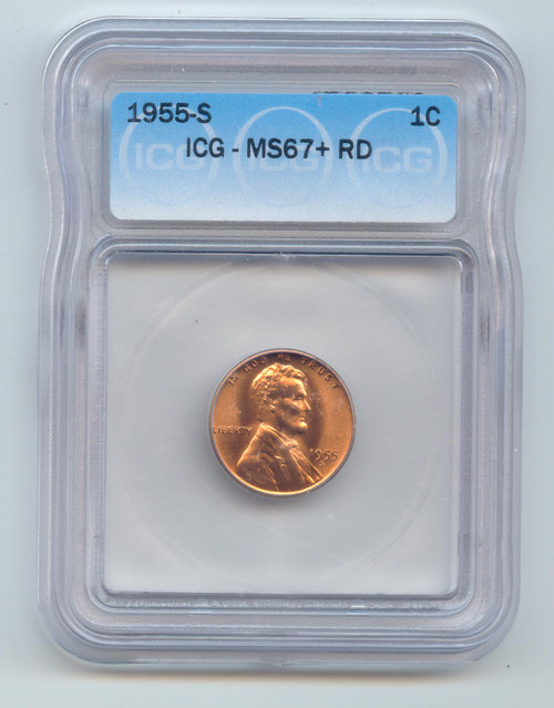1955-S Lincoln Wheat Cent, ICG MS-67+ RD, Full Mint Red, Gem Unc