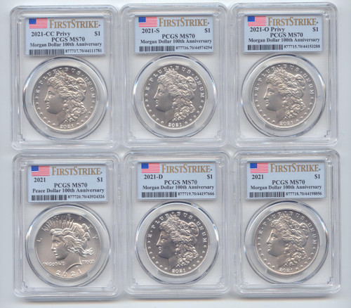 Complete Set,2021 Morgan/Peace Dollars,PDSOCC, 6 pc, All PCGS MS-70 First Strike