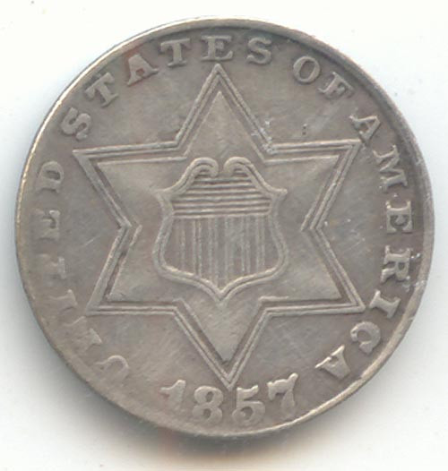 1857 Three Cent Silver, 3c, XF Details
