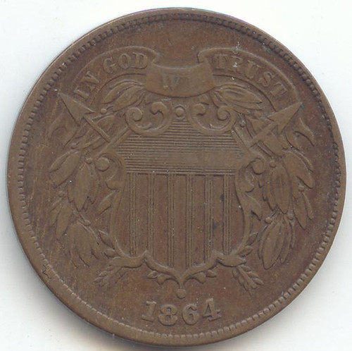 1864 Large Motto Two Cent Piece, 2c, VF-XF