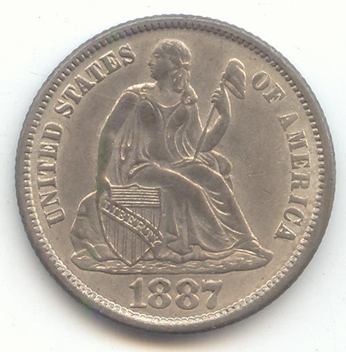 1887 Seated Liberty Dime, Original AU-Unc, Close to BU