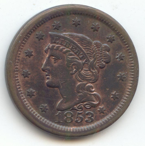 1853 Braided Hair Large Cent, Red and Brown AU-Unc