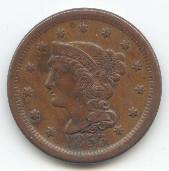 1855 Upright 5's Braided Hair Large Cent, XF Details