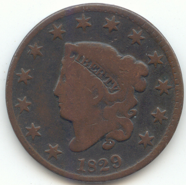 1829 Coronet Head Large Cent, G-VG, Scarce Medium Letters