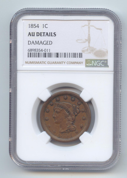 1854 Braided Hair Large Cent, NGC AU Details