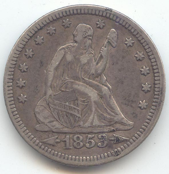 1853 Arrows and Rays Seated Liberty Quarter, Original XF
