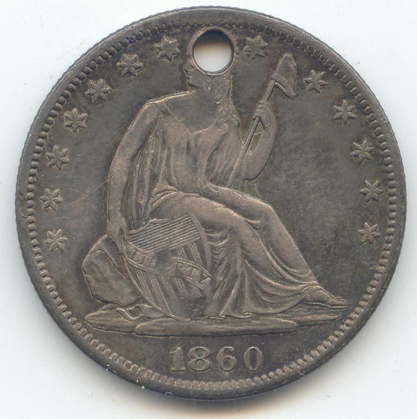 1860-S Seated Liberty Half Dollar, XF-AU Details, Hole