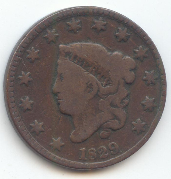 1829 Coronet Head Large Cent, Large Letters, Nice VG