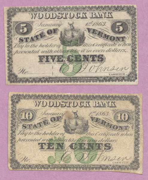 Vermont, Woodstock Bank, Scrip, 5c, 10c, Five Cents, Ten Cents, 1863