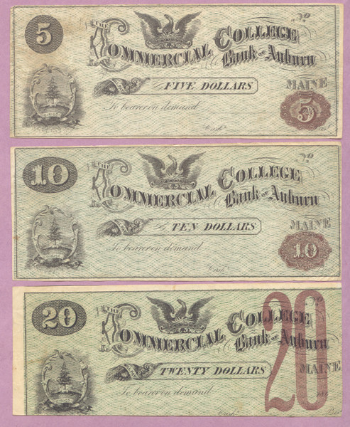 Maine, Auburn, Obsolete, Commercial College Bank, Unissued $5, $10, $20, All VF