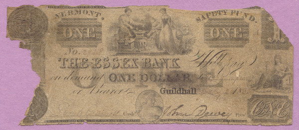 Obsolete, The Essex Bank, One Dollar, $1, Guildhall Vermont, VT, 18??