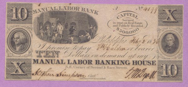 Obsolete, 1836 Manual Labor Bank, Philadelphia PO, $10, Ten Dollars