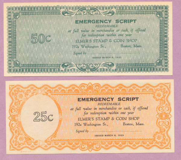 1933 Emergency Script, 25c, 50c, Elmer's Stamp and Coin Shop, Boston MA, CU