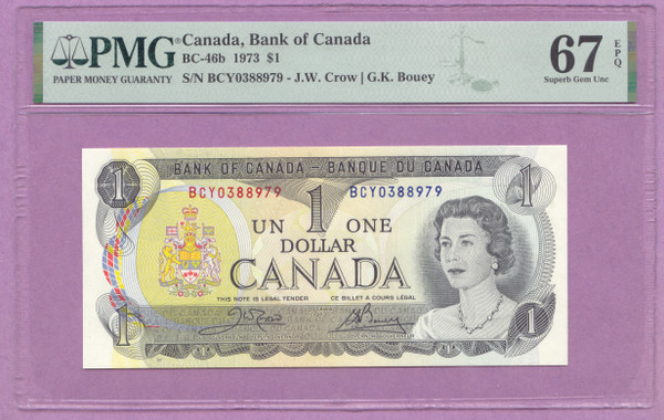 Canada, 1973 One Dollar, $1, BC-46b, Crow-Bouley, PMG 67 EPQ, Superb Gem Unc