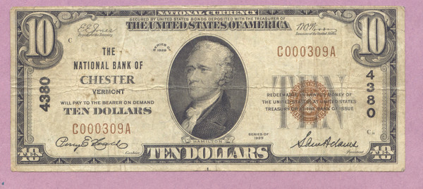 1929 National Currency,$10, NB of Chester Vermont, VT, Ch 4380, Scarce, 7 Known