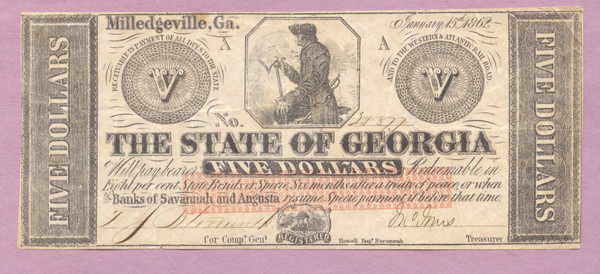 Georgia,1862 Five Dollars, $5, Savannah and Agusta, Milledgeville, GA Obsolete