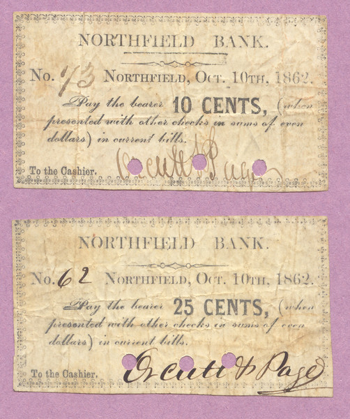 Scrip, 1862 Northfield Bank, VT, 10 Cents, 25 Cents, Vermont, Orcutt & Page