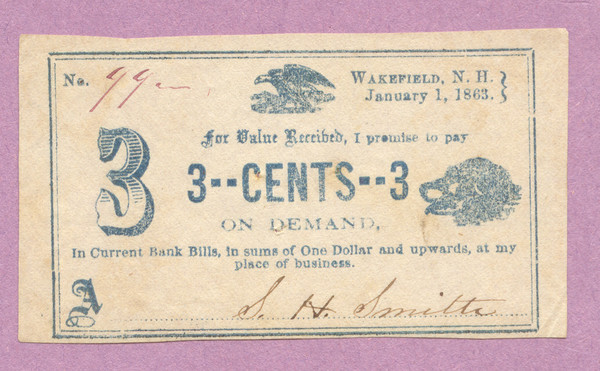 Scrip,1863 Wakefield NH, New Hampshire,3 Cents,Three Cents,Blue Ink,S. H. Smitts