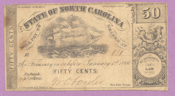 1866 State of North Carolina, 50c, Fifty Cents, Treasury, Raleigh