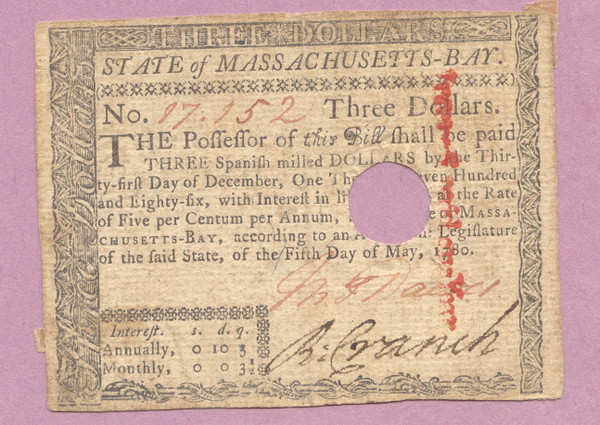 Massachusetts Colonial Note, May 5, 1780, $3, Three Dollars, FR-MA280