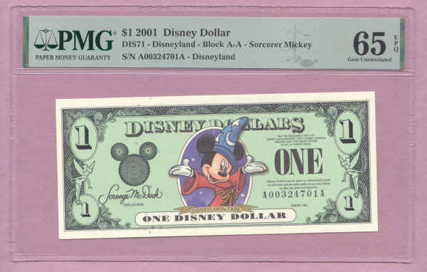 2001 $1 Disney Dollar, Sorcerer Mickey, DIS71, One Dollar, PMG 65 EPQ