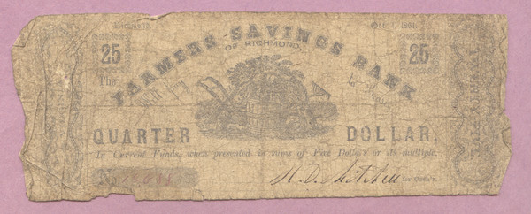 1861 Farmers-Savings Bank of Richmond VA, Quarter Dollar, 25C, Virginia