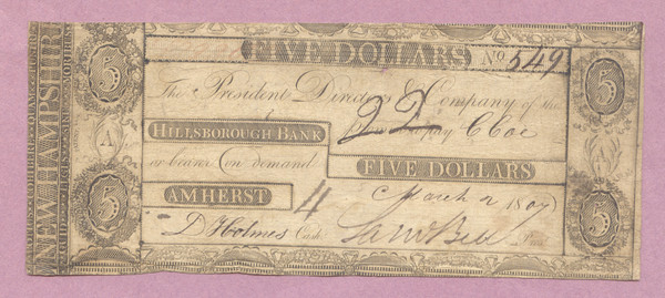 1807 Hillsborough Bank, Amherst New Hampshire, NH, $5, Five Dollars Obsolete