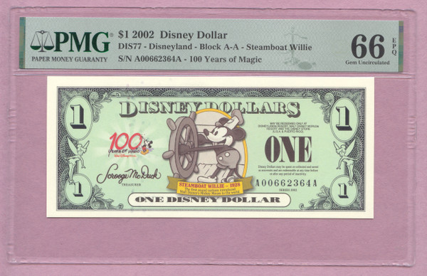 2002 Disney Dollar, $1, DIS77, Steamboat Willie, 100 Years of Magic, PMG 66 EPQ