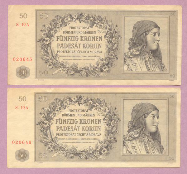 Bohemia & Moravia 1944 50 Korun,2 Consecutive, P-10a, Both XF-AU, Czechoslovakia