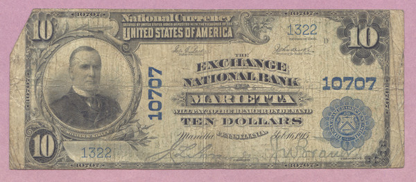 1902 $10 National Currency, The Exchange Bank of Marietta PA, Ch 10707, Scarce
