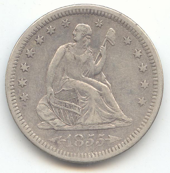 1855 Arrows Seated Liberty Quarter, Original XF