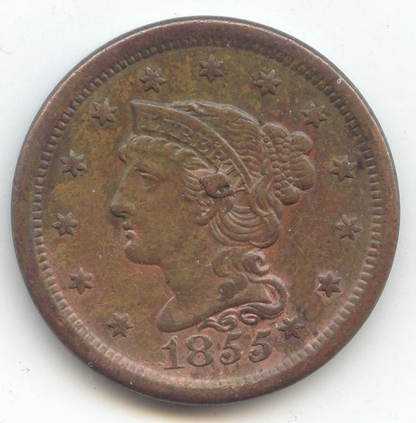 1855 Knob on Ear Braided Hair Large Cent, XF-AU
